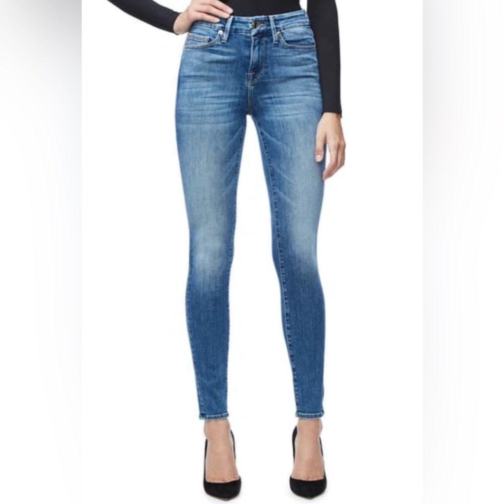 Good American Stovepipe Skinny Jeans High Rise Medium Blue Distressed